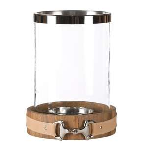 Bougeoir en verre avec base en bois, style rond en cuir façon mors de cheval, bougeoir hurricane en verre, décoration de table - Product Image 2