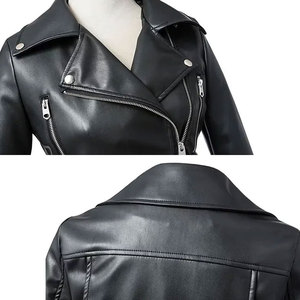 Blouson moto en cuir PU pour femme, manches longues, col ouvert, fermeture éclair, design court avec ceinture, style automne - Product Image 3