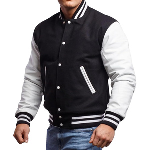Men's Black White Varsity Jacket <b>Woolen</b> Material Turn-down Collar Regular Fit Winter Wear Casual Streetwear Style Covered Button - Product Image 2