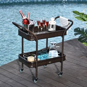 Carrello da Cucina per Esterni in Rattan Marrone con 2 Ripiani, Carrello di Servizio su Ruote - Product Image 2