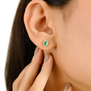 Stunning Delicate Design Minimalist Emerald & Diamond <b>Small</b> Halo <b>Stud</b> <b>Earrings</b> Graduation Gift 18K Solid Yellow Gold Jewelry - Product Image 4
