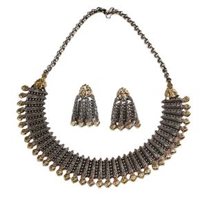 Parure Collier et Boucles d'Oreilles Ghungroo Bohème Bicolore Argent Oxydé et Or Vieilli pour Femme, Bijoux Ethniques Traditionnels de Mariage - Product Image 3