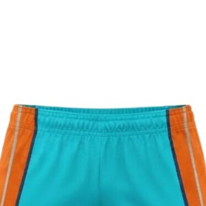 Shorts de netball unisexe turquoise et orange sublimés, en polyester, coupe athlétique, vêtements de sport avec panneau latéral rayé, tenue de match d'équipe - Product Image 5