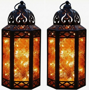 Linterna LED de Metal Vintage, Decorativa para Halloween, Luz Colgante, Vidrio con Patrón Ámbar, Funciona con Batería, Decoración para Hogar, Jardín y Mesa - Product Image 3
