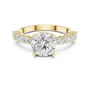 Bague de fiançailles solitaire en or jaune avec diamant de laboratoire rond et bande pavée, bague de mariage pour femme - Product Image 2