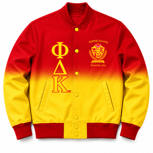 Chaqueta Universitaria de Satén Ombre para Mujer NSPDK Sorority, Chaqueta Letterman con Letras Griegas Bordadas, Botones a Presión, Cuello y Puños de Punto Acanalado - Product Image 3