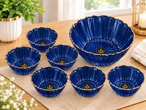 Ensemble de bols de service en céramique bleue SPG, forme de fleur, bord doré, réutilisables, écologiques, design glamour, diamètre 300 mm, ensemble de bols décoratifs - Product Image 5