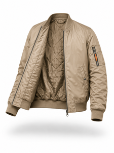 <b>Men's</b> <b>Khaki</b> Bomber Jacket Stand Collar Zipper Closure Casual Style Polyester Material Autumn Wear - Product Image 2