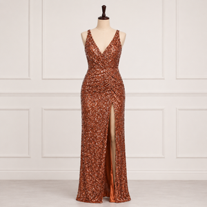 Luxury Copper <b>Sequin</b> Evening Gown Deep V Neck| High Slit Designer Floor Length Party Dress Elegant Formal Wear For Women Premium - Product Image 1