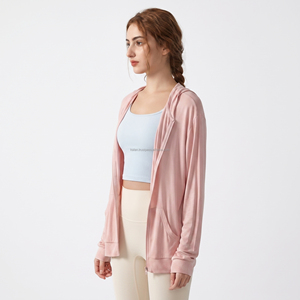 Women's Pink Long Sleeve <b>Zip</b>-<b>Up</b> Hooded Jacket Loose Fit Solid Color Breathable Yoga <b>Top</b> Outerwear - Product Image 2