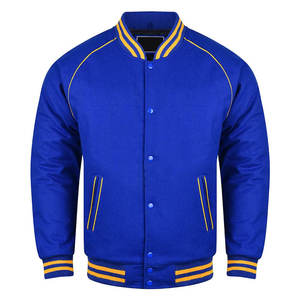 Men's Blue Varsity Jacket With Yellow Trim Regular Fit Casual Baseball Style Bomber <b>Coat</b> Solid Color Polyester Material - Product Image 1