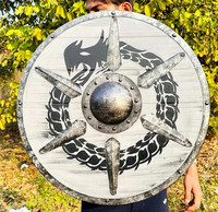 Bouclier rond médiéval Viking de 24 pouces en acier et bois, fait main, avec motif de dragon, pour reconstitution historique et décoration intérieure