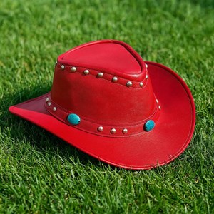 Chapeau de cowboy en cuir véritable rouge, style unique OEM, fait main, avec pierres turquoise, cadeau pour elle - Product Image 2