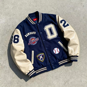 Custom Logo Front Chenille Embroidery Stand Collar <b>Patchwork</b> Streetwear Men Winter Bomber Letterman Varsity <b>Jacket</b> - Product Image 1