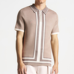 Chemise à manches courtes tricotée pour homme, rayée, color-block, fermeture éclair sur le devant, style décontracté chic, polyester/coton, logo personnalisé, durable - Product Image 1