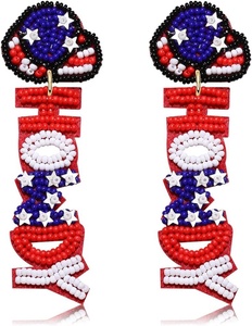 New Fashion Handmade <b>Beaded</b> Patriotic <b>Silver</b> Plated Crystal Rhinestone Geometric Statement Pendant Earrings Women Girls USA - Product Image 2