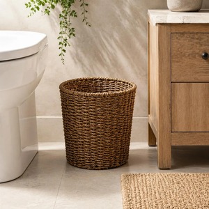 Brown Rattan Waste <b>Bin</b> Woven Garbage Basket Decorative Trash Can with Handle Cover & Open for Home Hospital Kitchen Office - Product Image 1