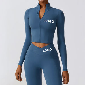 <b>Women</b> Blue Two Piece Yoga Set Full Length Leggings Racerback Crop <b>Top</b> Zipper Front Seamless High Waist Quick Dry Workout Outfit - Product Image 1