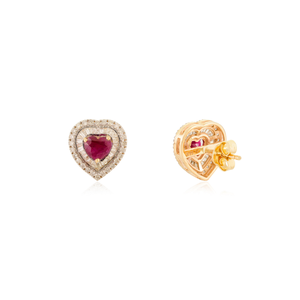Pendientes de Oro Amarillo de 14K con Rubí y Diamante en Forma de Corazón de 5x5mm, Diseño de Doble Racimo, MOQ Bajo, Regalo de San Valentín, Joyería - Product Image 5