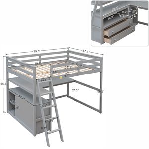Letto a soppalco a grandezza naturale con scrivania e scaffali, due cassetti integrati, grigio - Product Image 6