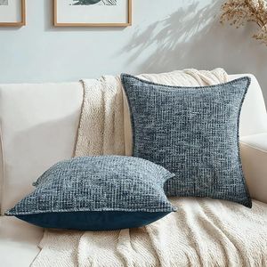 Navy Blue 18x18 Set 2 Chenille Tweed Textured Cushion Covers Neutral Modern Decorative <b>Throw</b> Pillows <b>for</b> <b>Couch</b> - Product Image 2