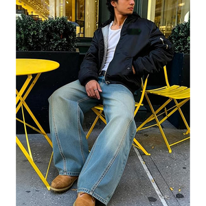 Jean baggy pour homme, noir délavé, coupe large, style hip-hop, streetwear décontracté - Product Image 3