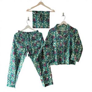 Conjunto de Pijama de Algodón para Mujer al por Mayor, Estampado Floral, Camisa y Pantalones de Punto Transpirables, Ropa de Dormir Unisex de Verano, Traje de Noche Personalizado - Product Image 1