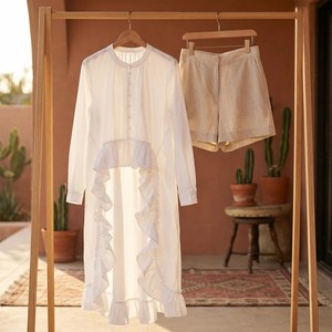 Women Cotton High Low Ruffle Top Long Sleeve Button Front Asymmetrical Hem Casual Blouse - Product Image 1