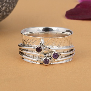 Natural Amethyst 925 Sterling Silver Handmade <b>Spinner</b> <b>Ring</b> Wide Band Meditation <b>Rings</b> Artisan Fidget Jewelry for Women - Product Image 3