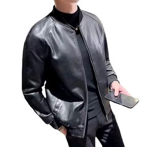 Chaqueta bomber informal estilo coreano, corte bomber, tela de lona con aspecto de cuero, cuello alto, diseño moderno y holgado. - Product Image 3