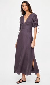 Robe longue élégante faite à la main 100% coton, violette, col en V profond, manches ajustables à nouer, style bohème décontracté pour femme, idéale pour l'été et les fêtes - Product Image 2