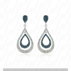 Boucles d'oreilles en forme de goutte d'eau en diamant blanc et bleu naturel et coloré, taille ronde 1,59 carats, pour femmes, en argent sterling 925 - Product Image 3