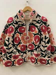 Blouson bomber matelassé réversible en velours brodé Suzani, tricoté, respirant, écologique, 100 % coton, coupe-vent, avec détails lettrés - Product Image 3