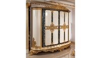 Ensemble de chambre d'hôtel de luxe en teck massif blanc doré, style mi-siècle, antique, avec armoire California King/Queen et tables de chevet ornées