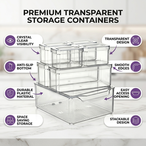 Space Saving <b>Clear</b> Storage <b>Container</b> Set, Stackable Bins for Kitchen Pantry, Fridge, Shelves & Office Use - Product Image 3