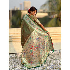 Sari indien et pakistanais en soie Paithani verte Mehandi Elite Weaves pour femmes, tissé avec des fils Zari de Banarasi, 650 g, toutes saisons - Product Image 4