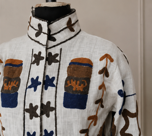 Traditional Suzani Embroidered Cotton <b>Jacket</b> Rust Navy <b>Star</b> Urns Motif Geometric Boho Coat Jaipuri Handmade Artisan Festival - Product Image 1