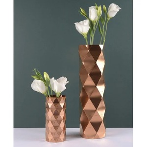 Modern Copper Geometric Vase Set With White <b>Flowers</b> For Home Decor - Product Image 1