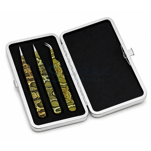 Juego de Pinzas para Pestañas Ijrak Quirúrgicas de 3 Piezas, Punta Lisa de Acero Inoxidable Marrón de 10 mm, Agarre Perfecto, Estuche Metálico con Patrón de Piel de Serpiente - Product Image 4