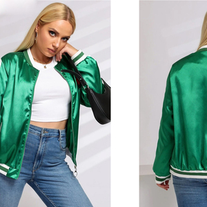 OEM Design Printed Satin <b>Women's</b> Cropped <b>Varsity</b> <b>Bomber</b> <b>Jacket</b> with Cotton Lining Breathable & Eco-Friendly - Product Image 6
