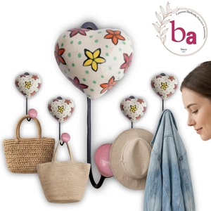 Ba Ceramic Heart Wall Hook With Flower Pattern Handmade <b>Pink</b> Ball Decorative Coat Hanger For Home Or Office Use - Product Image 4