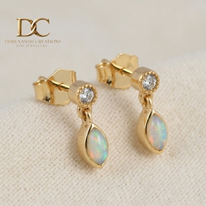 14KT Solid Yellow Gold Ethiopian <b>Opal</b> Drop <b>Earrings</b> with Lab Grown Diamond Bezel Studs Handmade IGI Fine Jewelry for Women - Product Image 2