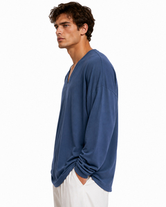 T-shirt à manches longues et col en V pour homme, coupe ample, 100% coton, vêtement décontracté, t-shirt léger pour homme, à porter au quotidien - Product Image 5
