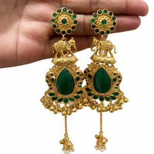 Polki Kashmiri Luxury Indian Traditional Long Gold Plated Crystal Rhinestone <b>Elephant</b> Ethnic Drop <b>Earrings</b> Certified Bridal - Product Image 1