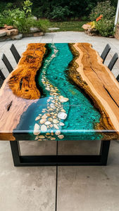 Modern Live Edge Solid Wood Epoxy Dining Table <b>Blue</b> Resin <b>Top</b> Durable Handmade Construction Premium Dining Room Furniture Entry - Product Image 5