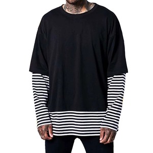 เสื้อยืดแขนยาวทรงปกติสำหรับผู้ชาย แต่งขอบตัดกัน ผ้าฝ้ายถัก สไตล์สตรีท คอกลม พิมพ์ลายสองชั้น กันยับ - Product Image 5