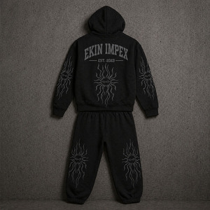Ekin Impex Custom Streetwear French Terry Cropped <b>Distressed</b> Acid Washed Oversized Sweatpants and Zip up Hoodie Set - Product Image 4