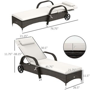 Sdraio da Esterno Regolabile a 5 Livelli con Schienale, in Rattan Crema, con Ruote e Cuscino per Prendere il Sole - Product Image 3