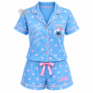 ชุดนอนผ้าซาตินสำหรับผู้หญิง JJOA Jack and Jill of America สีฟ้าอ่อนและชมพู แขนสั้น เสื้อและกางเกงขาสั้น ขายส่งแบบกำหนดเองได้ - Product Image 1