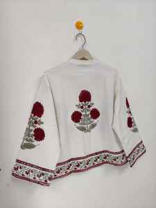 Blouson Bomber Floral Imprimé à la Main, Motif Fleur Rouge, Coton Bohème, Hiver, Réversible, Écologique, Unisexe, Femme, Manches Courtes, Col Étendu - Product Image 5